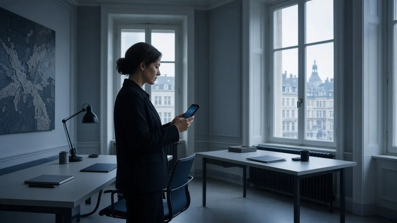 Europees kantoor bij het begin van de werkdag: iemand kijkt op een telefoon bij hoge ramen.