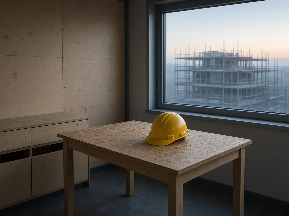 Werfkeet bij dageraad: helm op een tafel, stelling achter het raam.