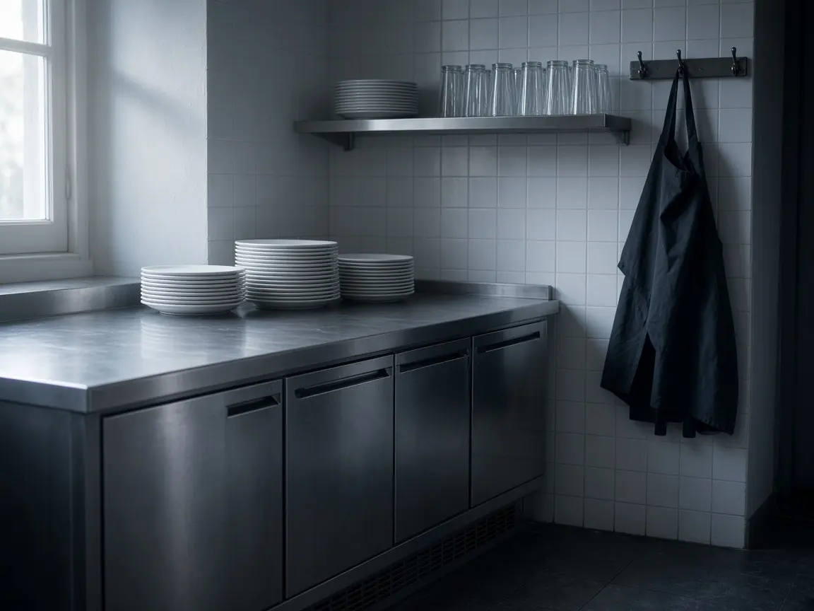 Restaurantkeuken vóór de bediening: inox, gestapelde borden en een schort.